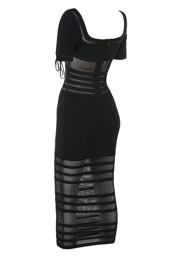 Black openwork knitted midi dress