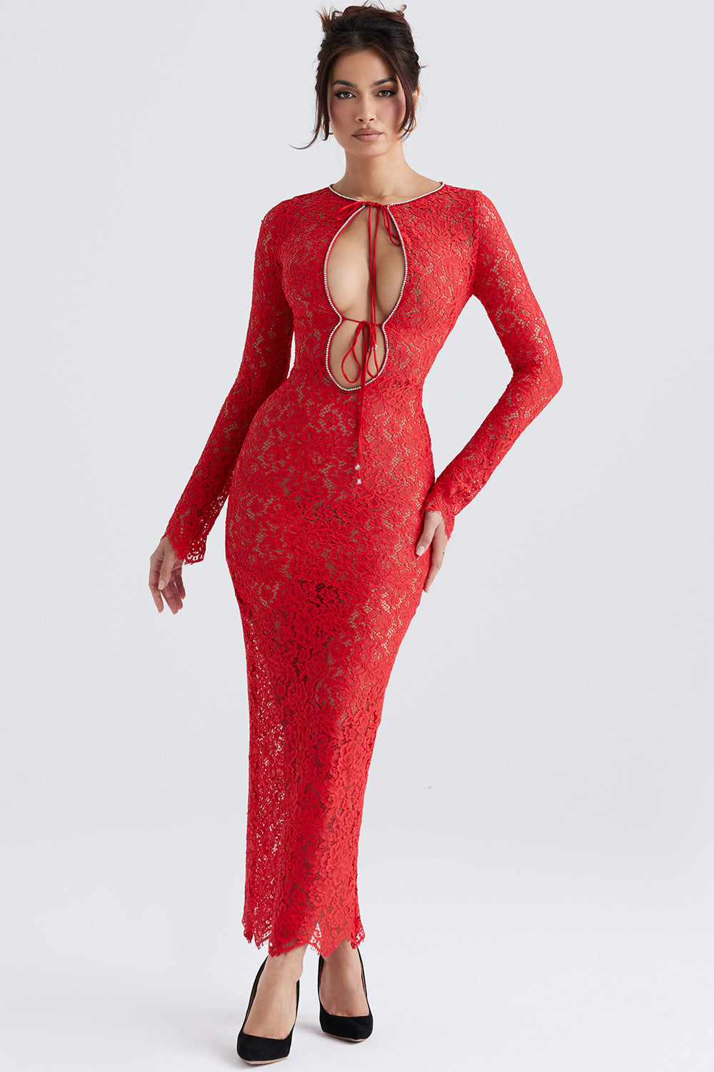 Red lace maxi dress