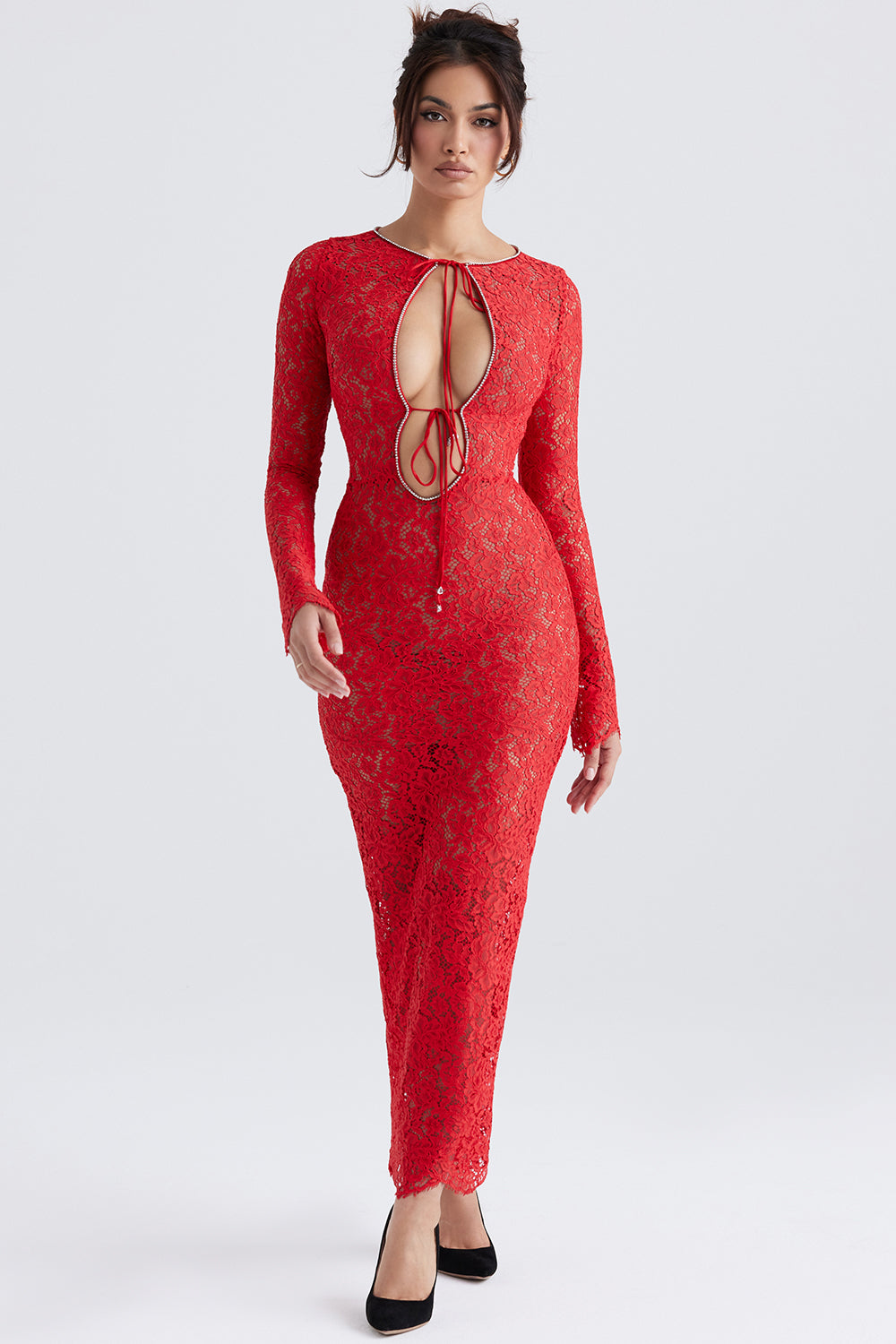 Red lace maxi dress