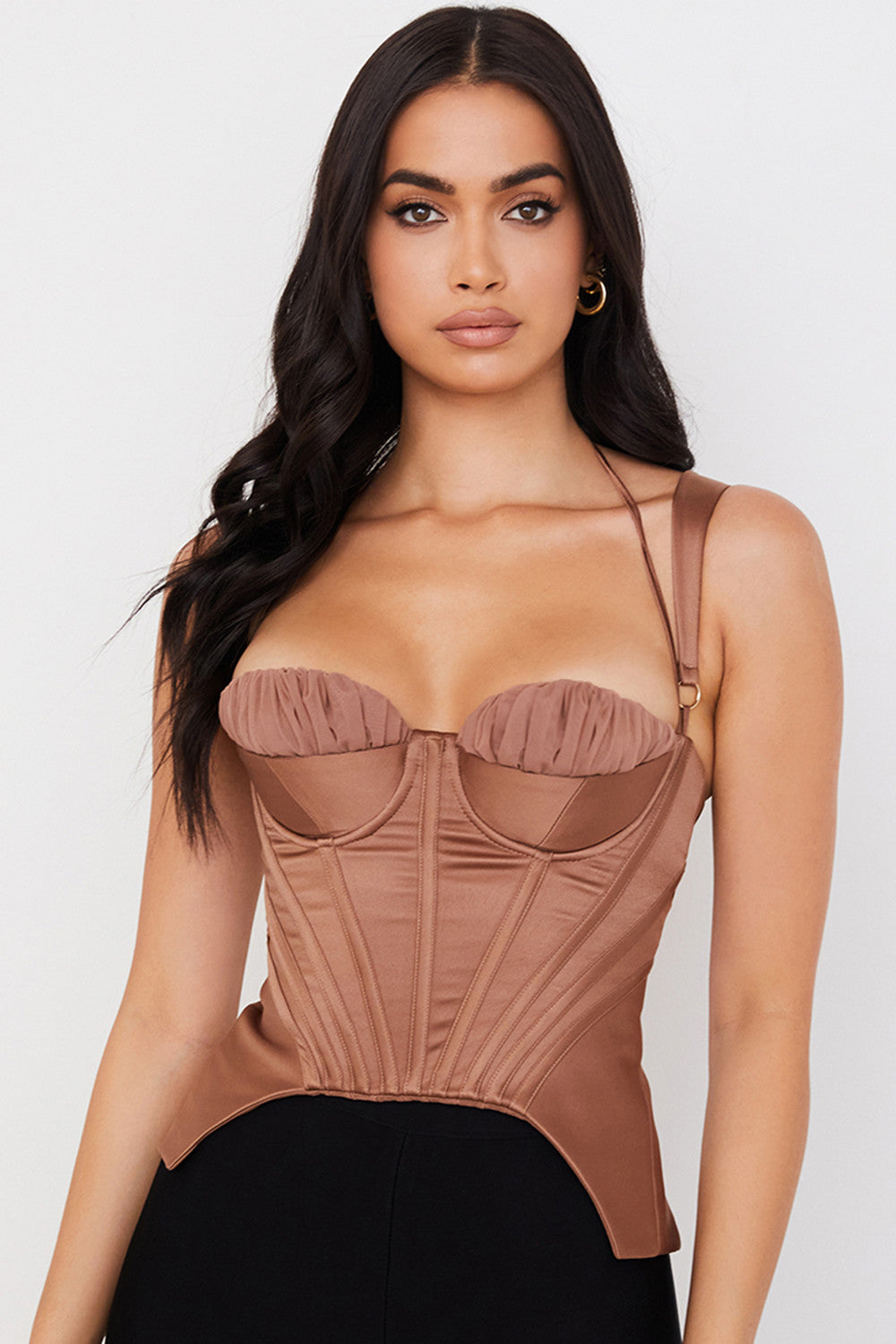 Toffee satin peplum corset