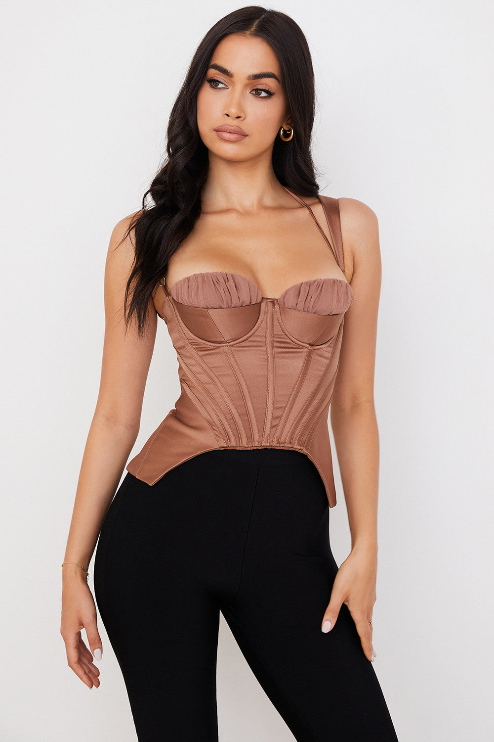 Toffee satin peplum corset