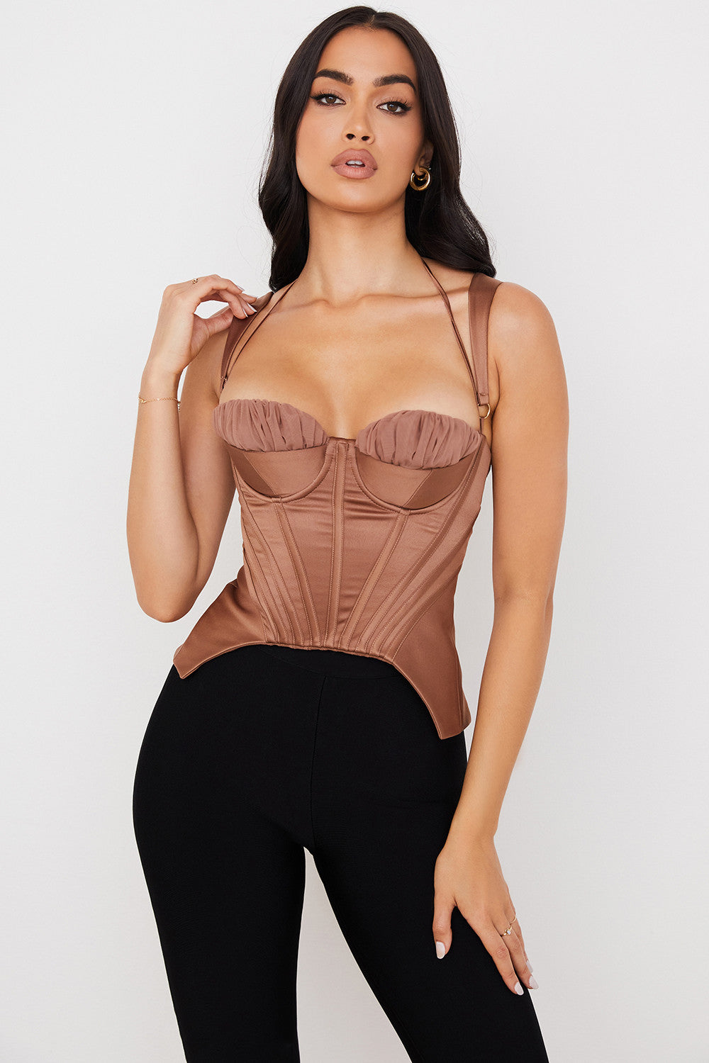 Toffee satin peplum corset