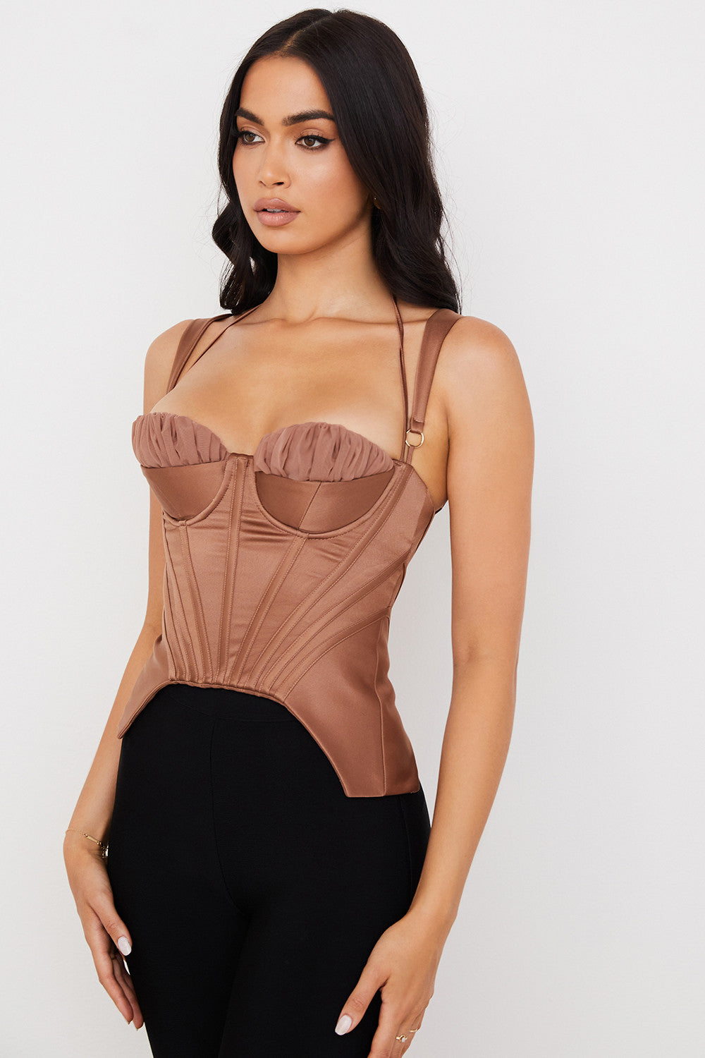 Toffee satin peplum corset