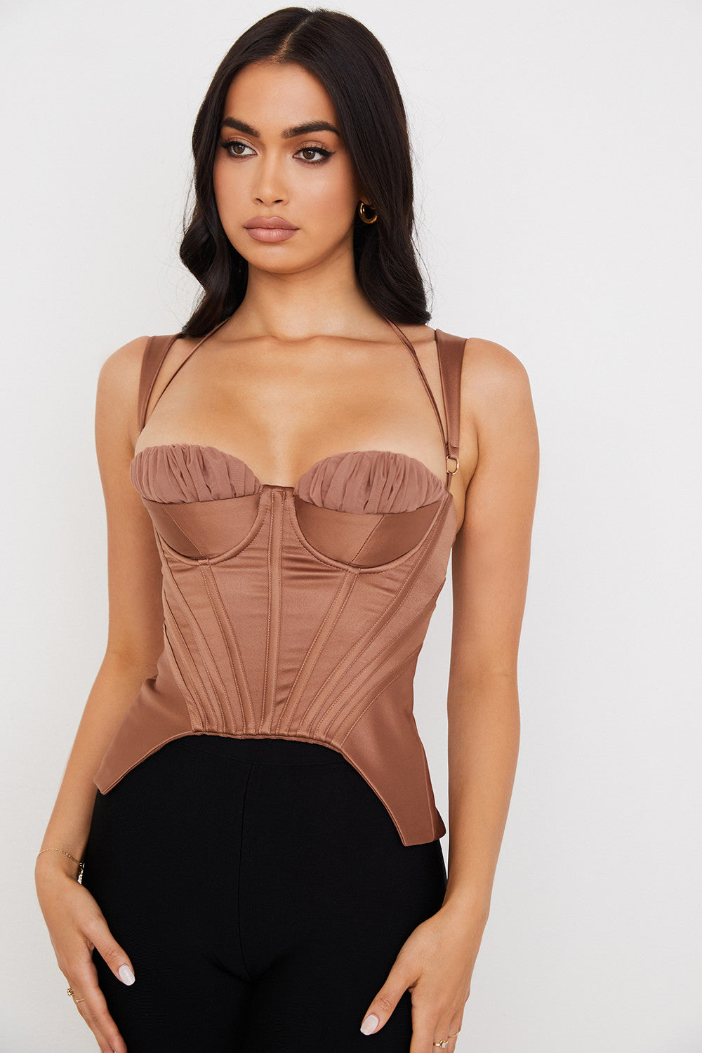 Toffee satin peplum corset