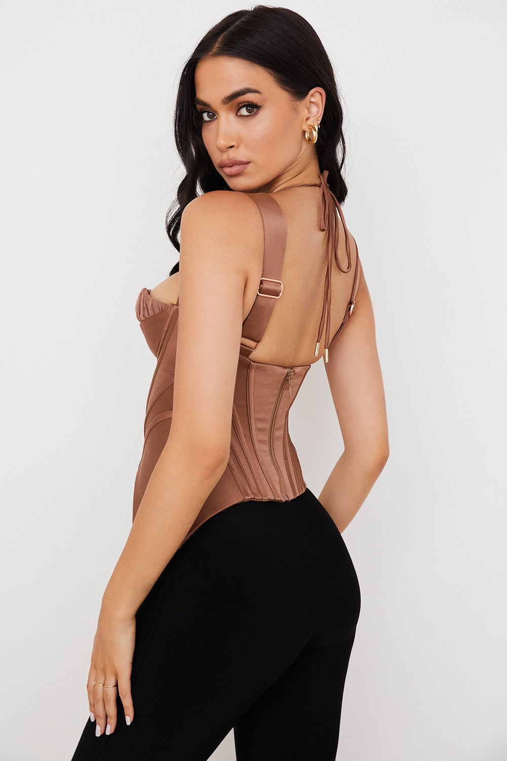 Toffee satin peplum corset