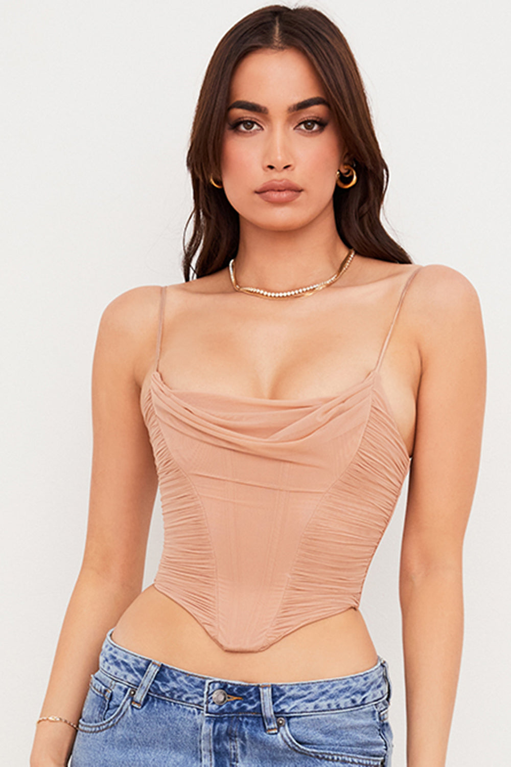 Beige mesh draped corset