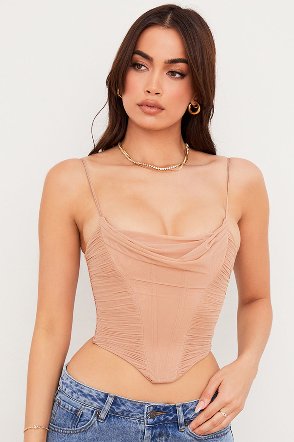 Beige mesh draped corset