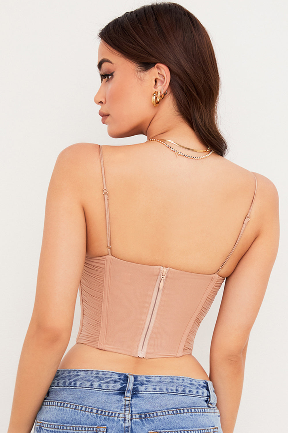 Beige mesh draped corset