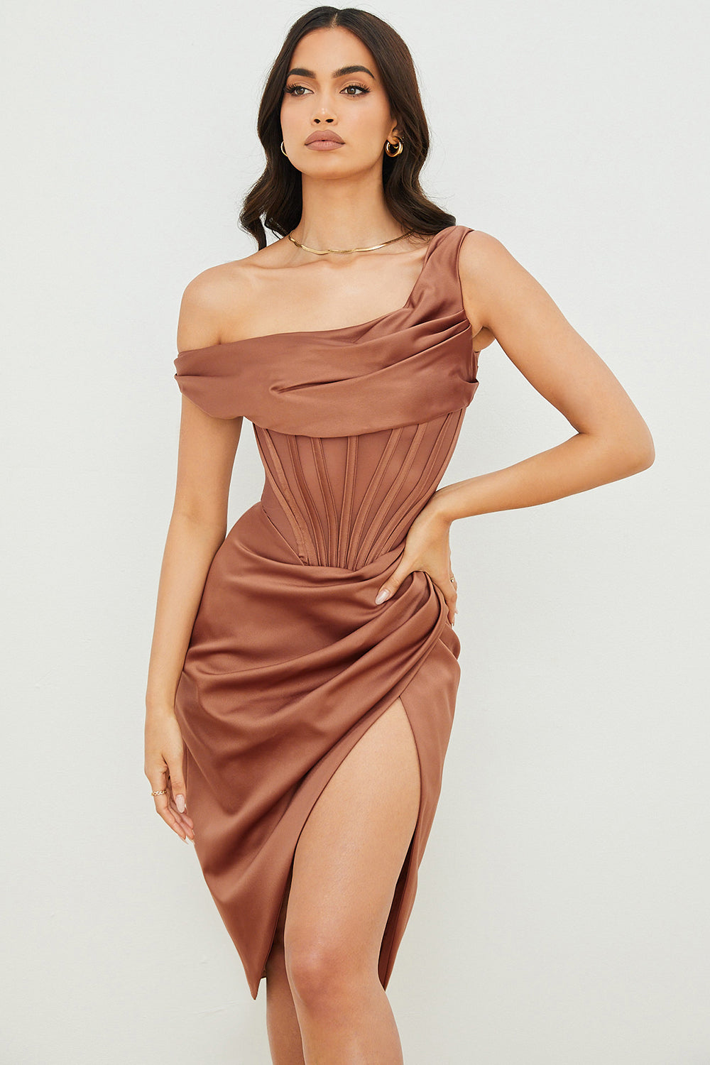 Asymmetrical draped midi corset dress