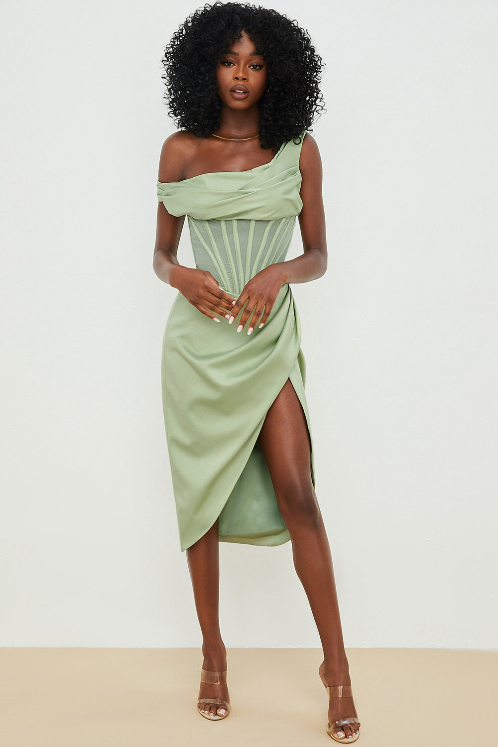 Asymmetrical draped midi corset dress