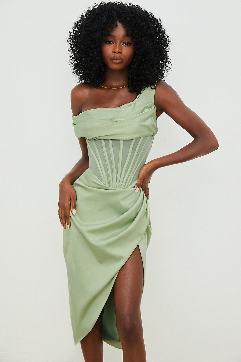 Asymmetrical draped midi corset dress