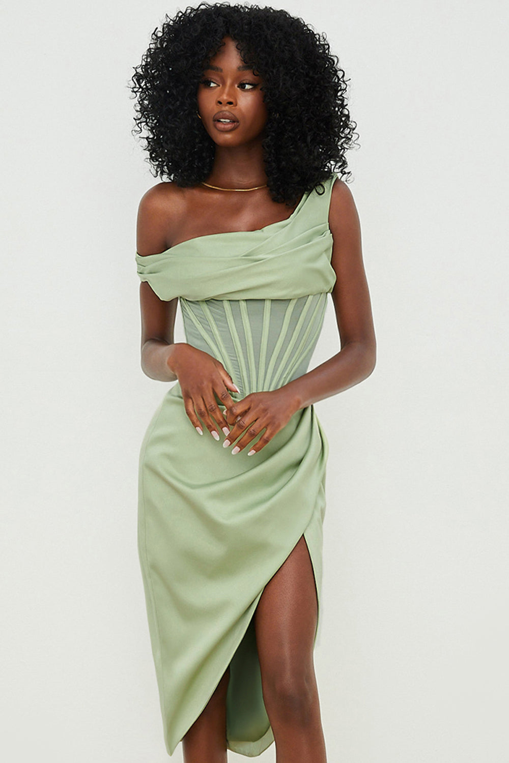 Asymmetrical draped midi corset dress