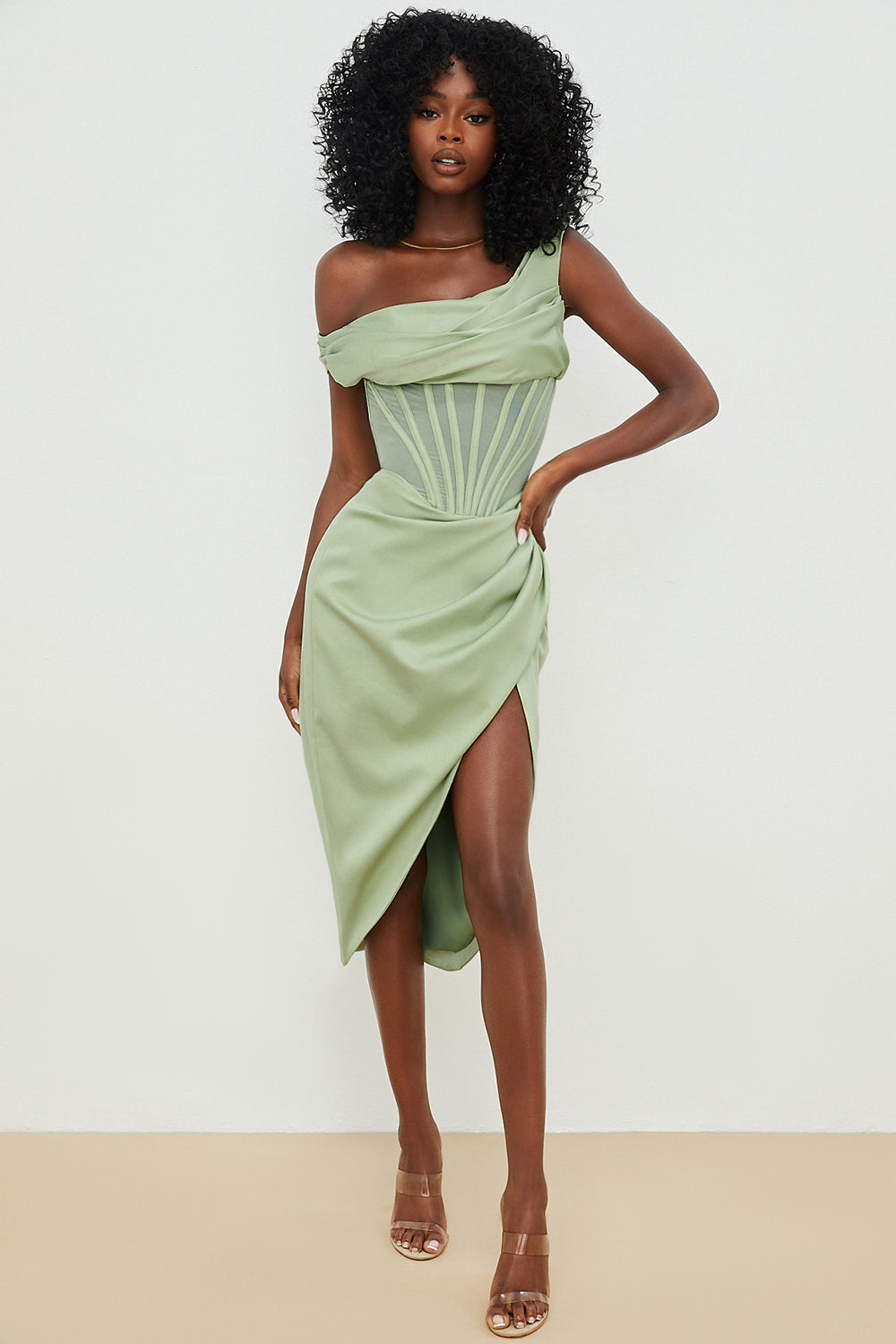 Asymmetrical draped midi corset dress