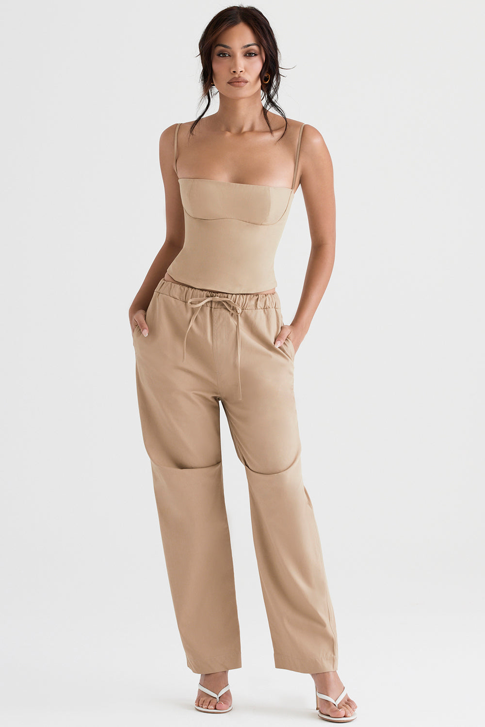 Camel structured corset with cargo pants