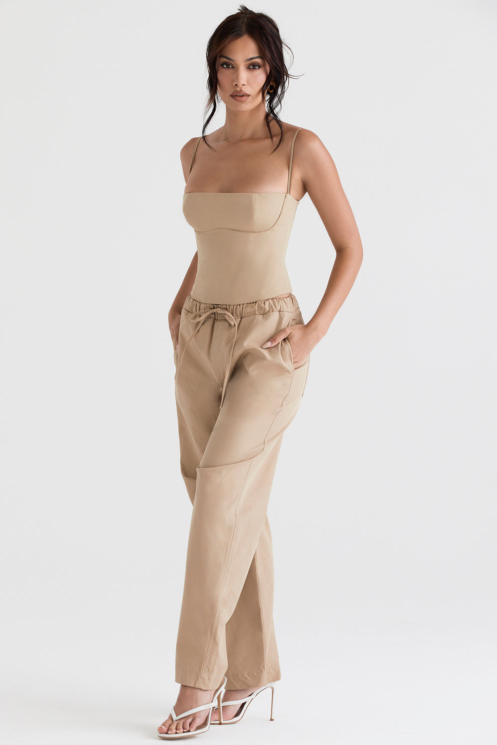 Camel structured corset with cargo pants