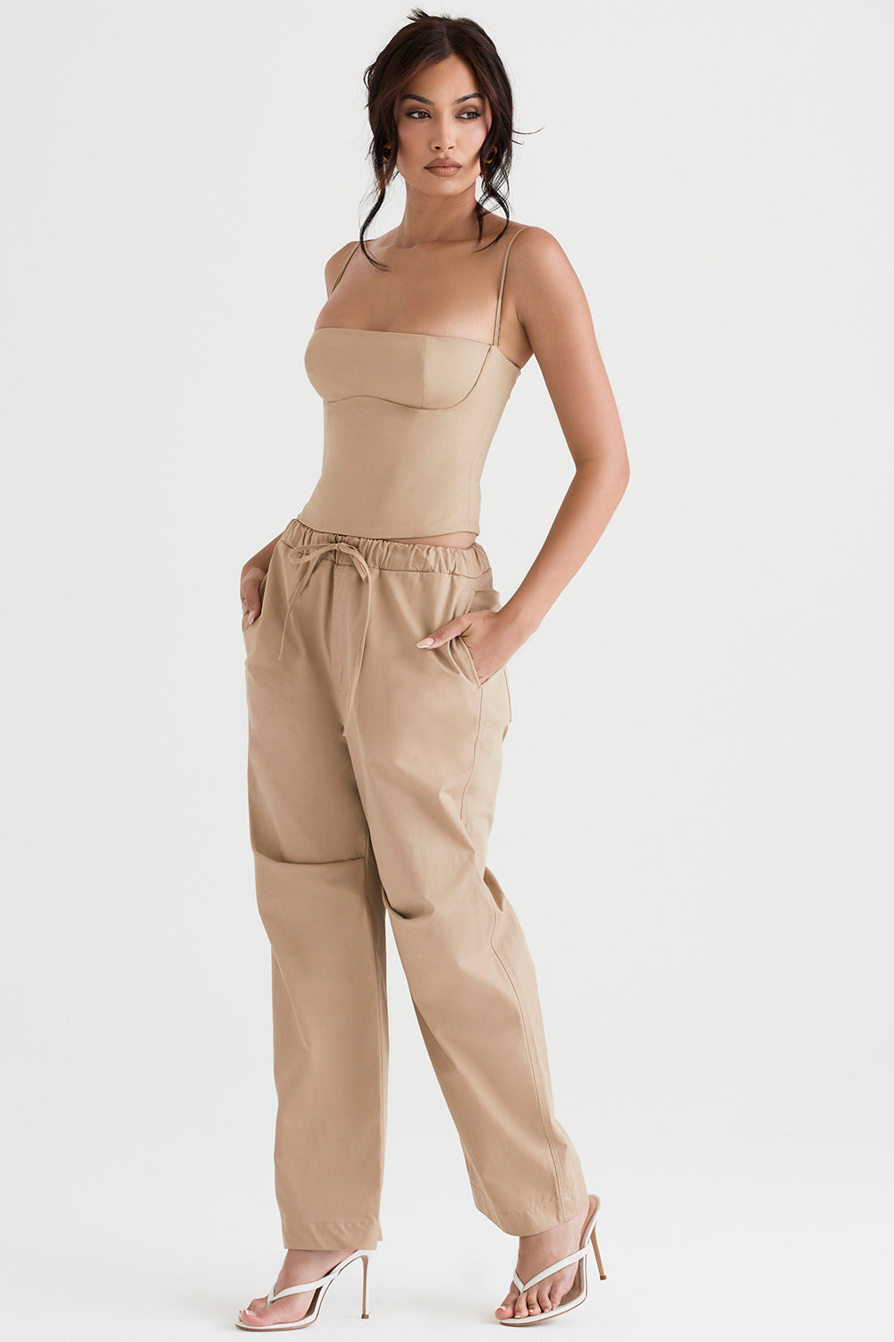 Camel structured corset with cargo pants