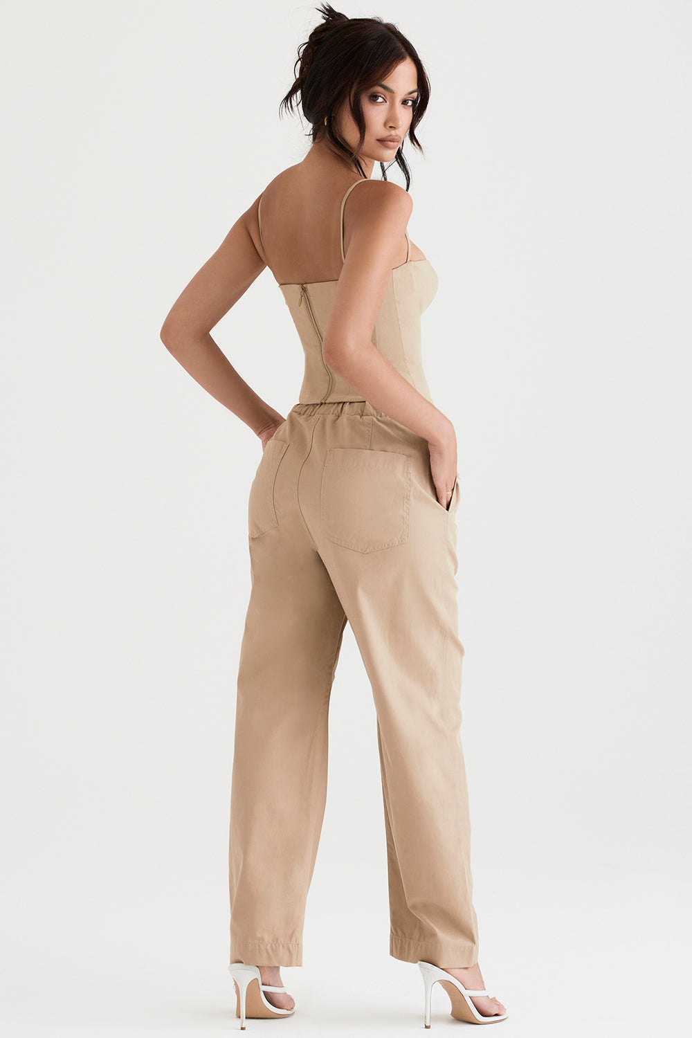 Camel structured corset with cargo pants