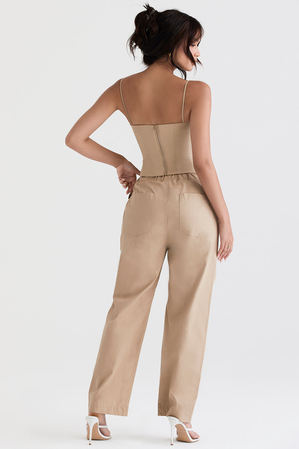 Camel structured corset with cargo pants