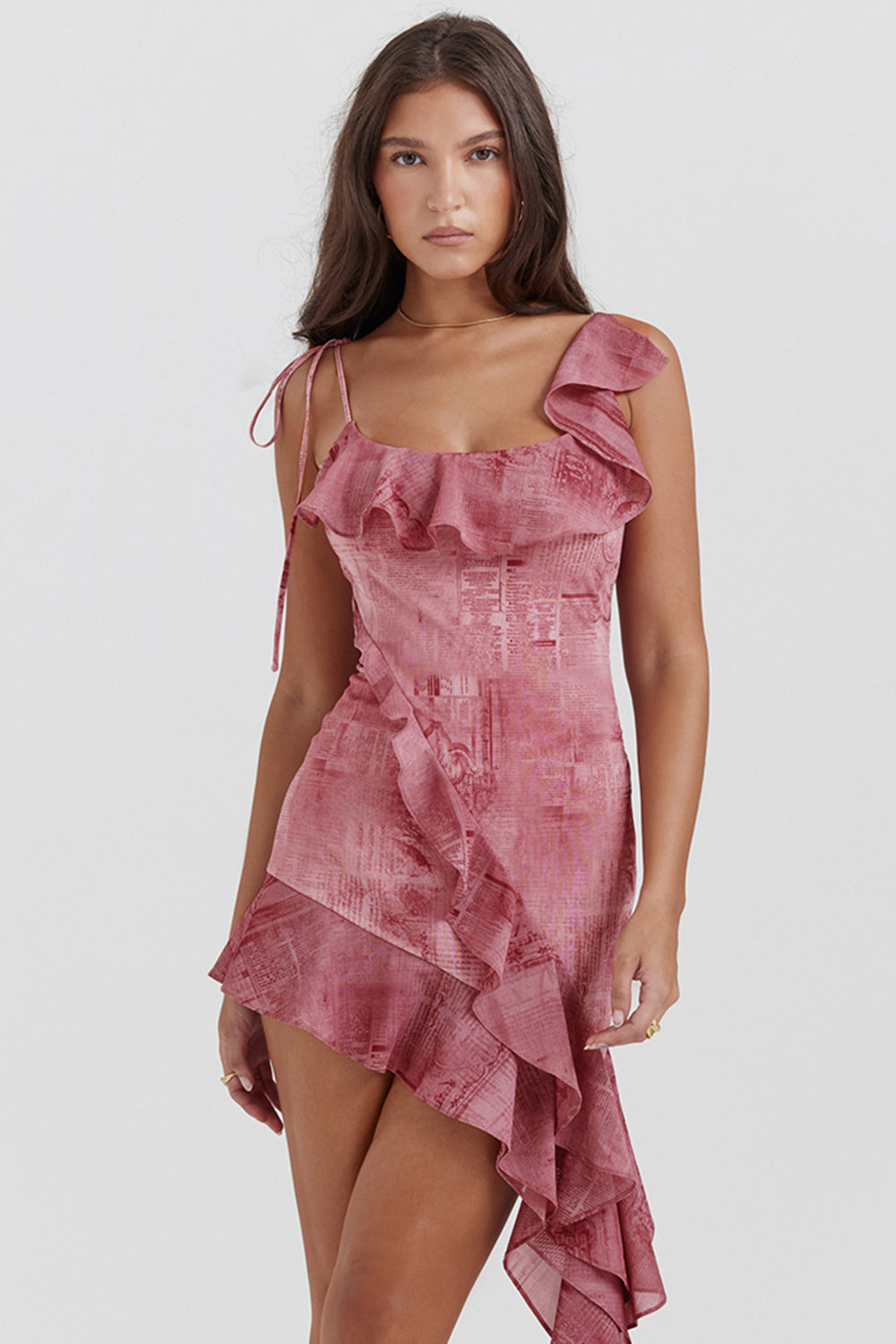 Mini dress with pink print and ruffles