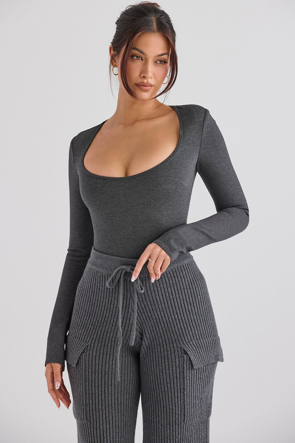 Dark gray bodysuit with anthracite ribbed cargo pants