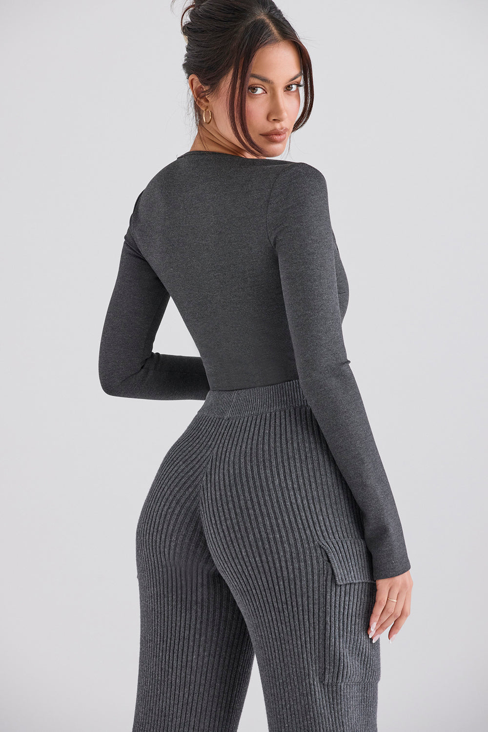 Dark gray bodysuit with anthracite ribbed cargo pants