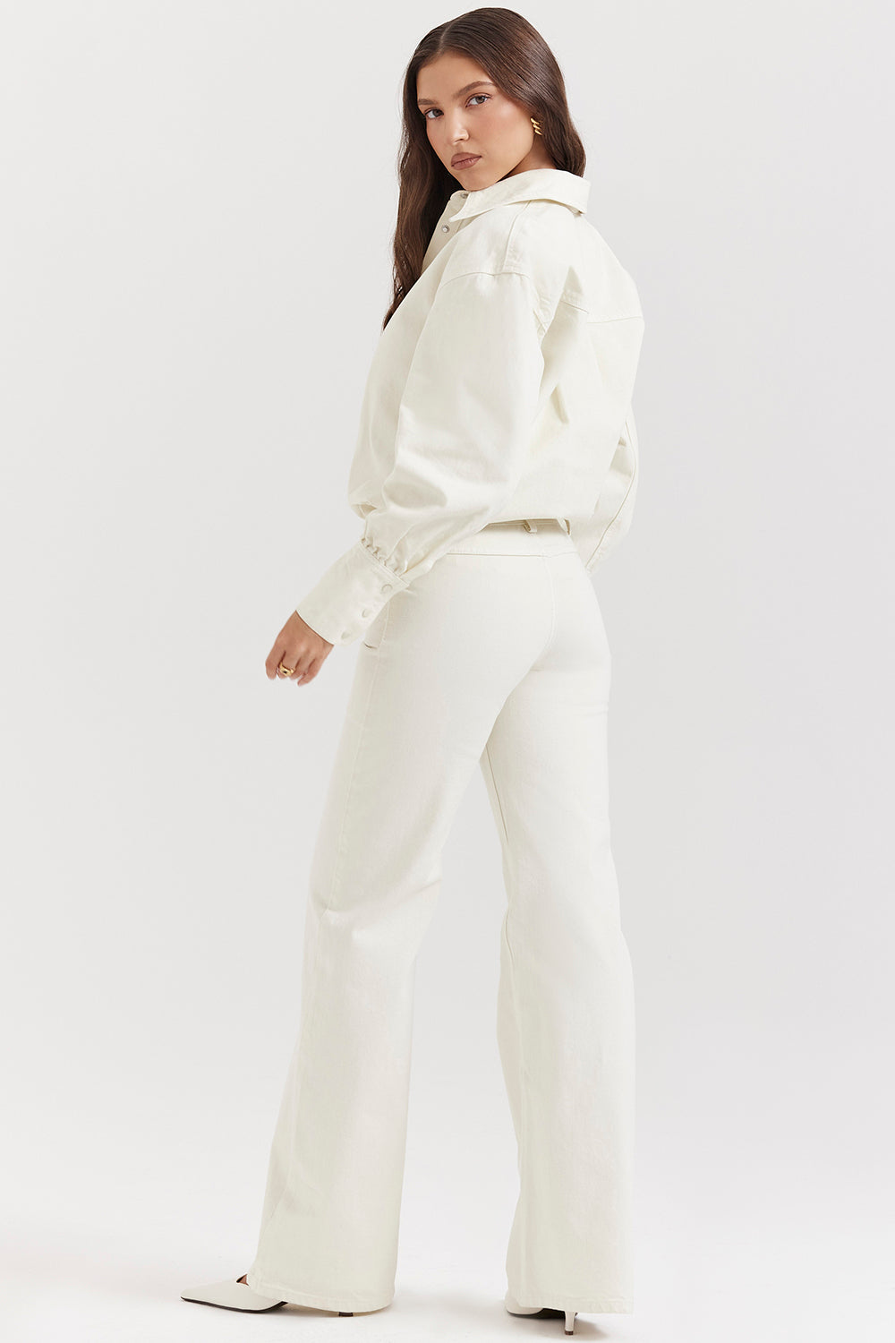 Ivory denim shirt with flared wide leg jeans