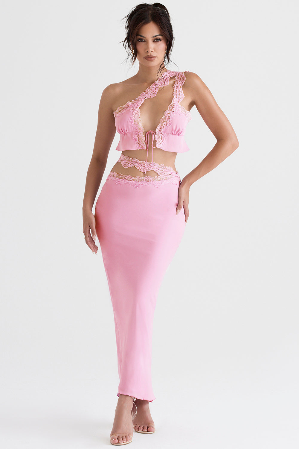 Pink airy cropped top with maxi skirt with lace edge