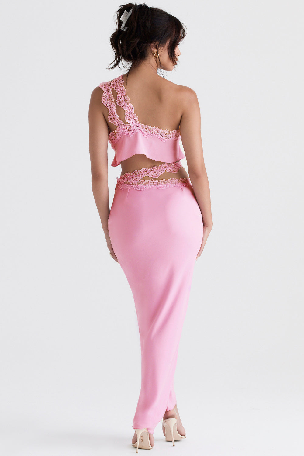 Pink airy cropped top with maxi skirt with lace edge