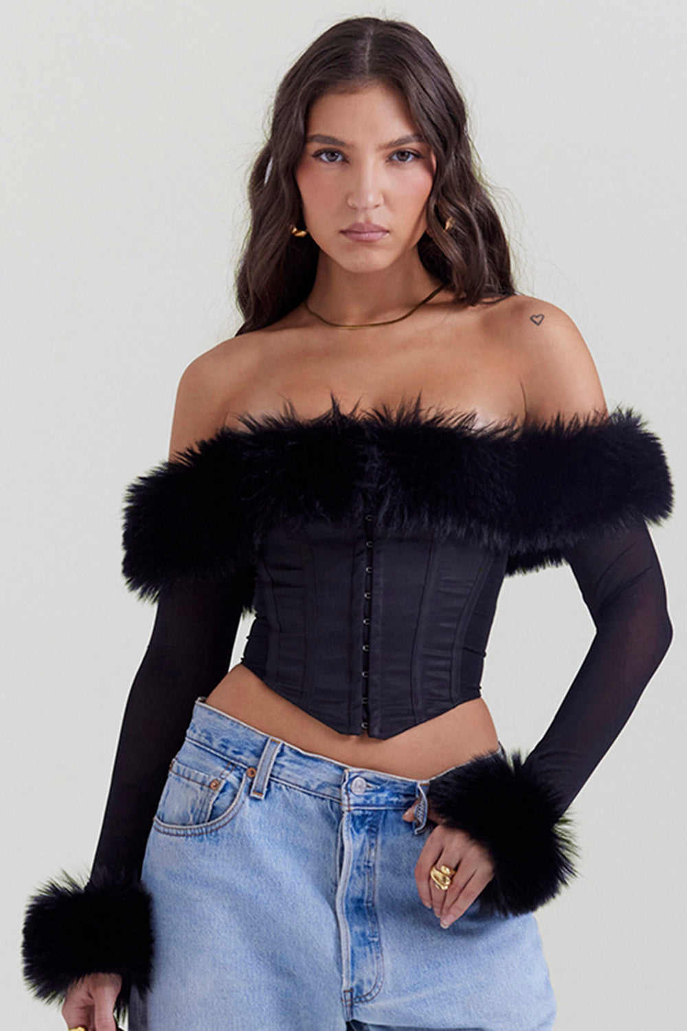 Black corset with faux fur trim