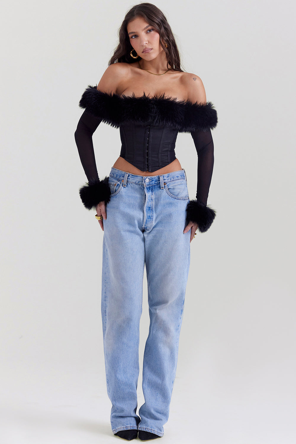 Black corset with faux fur trim