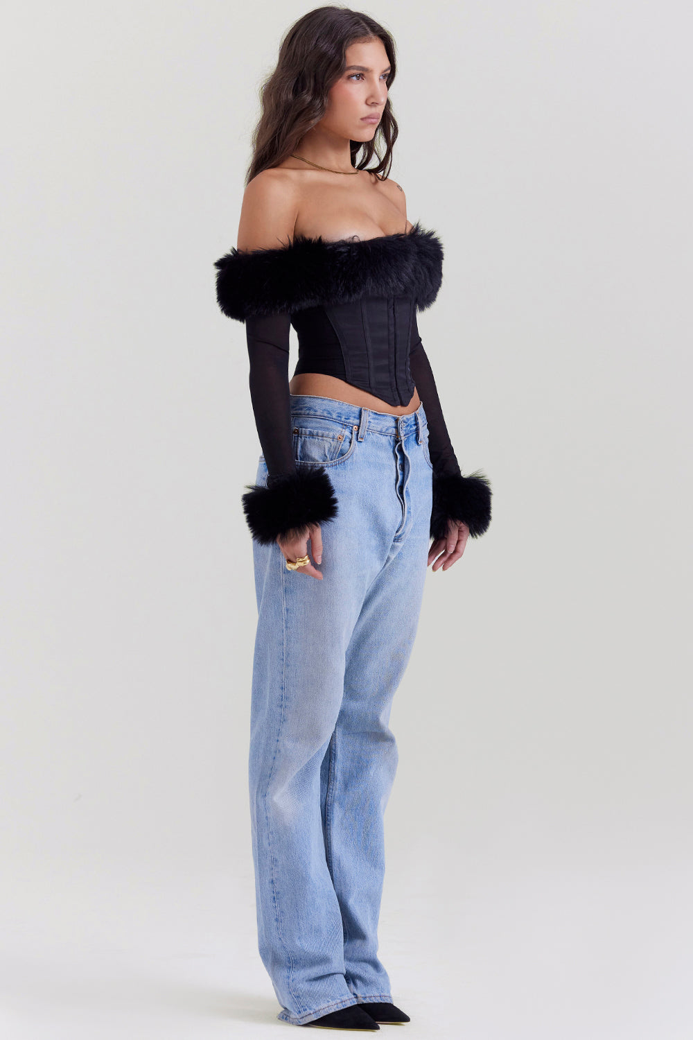 Black corset with faux fur trim