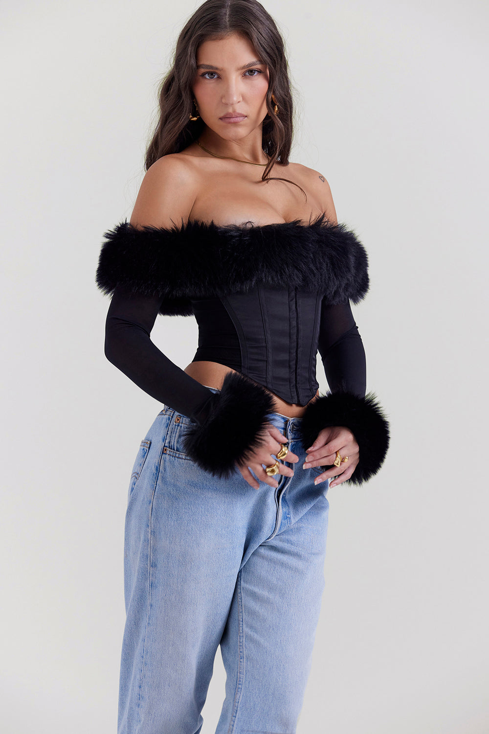 Black corset with faux fur trim