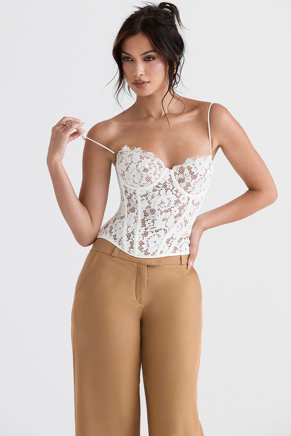 Lace underwire corset with Caramel relaxed trousers