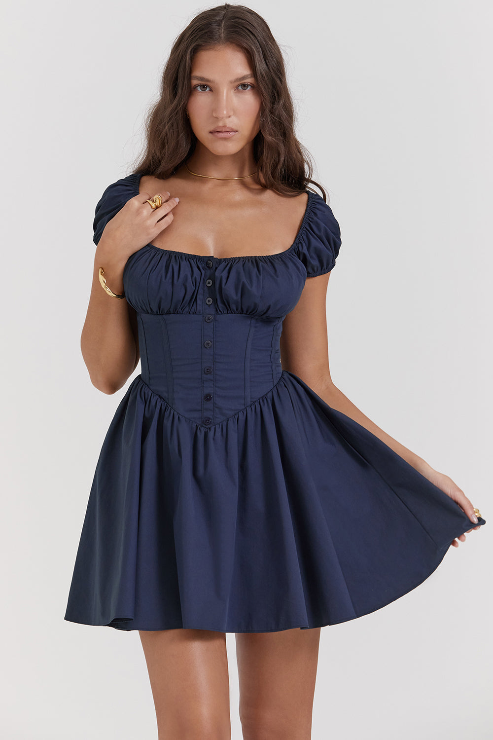 French navy blue mini dress with pleats