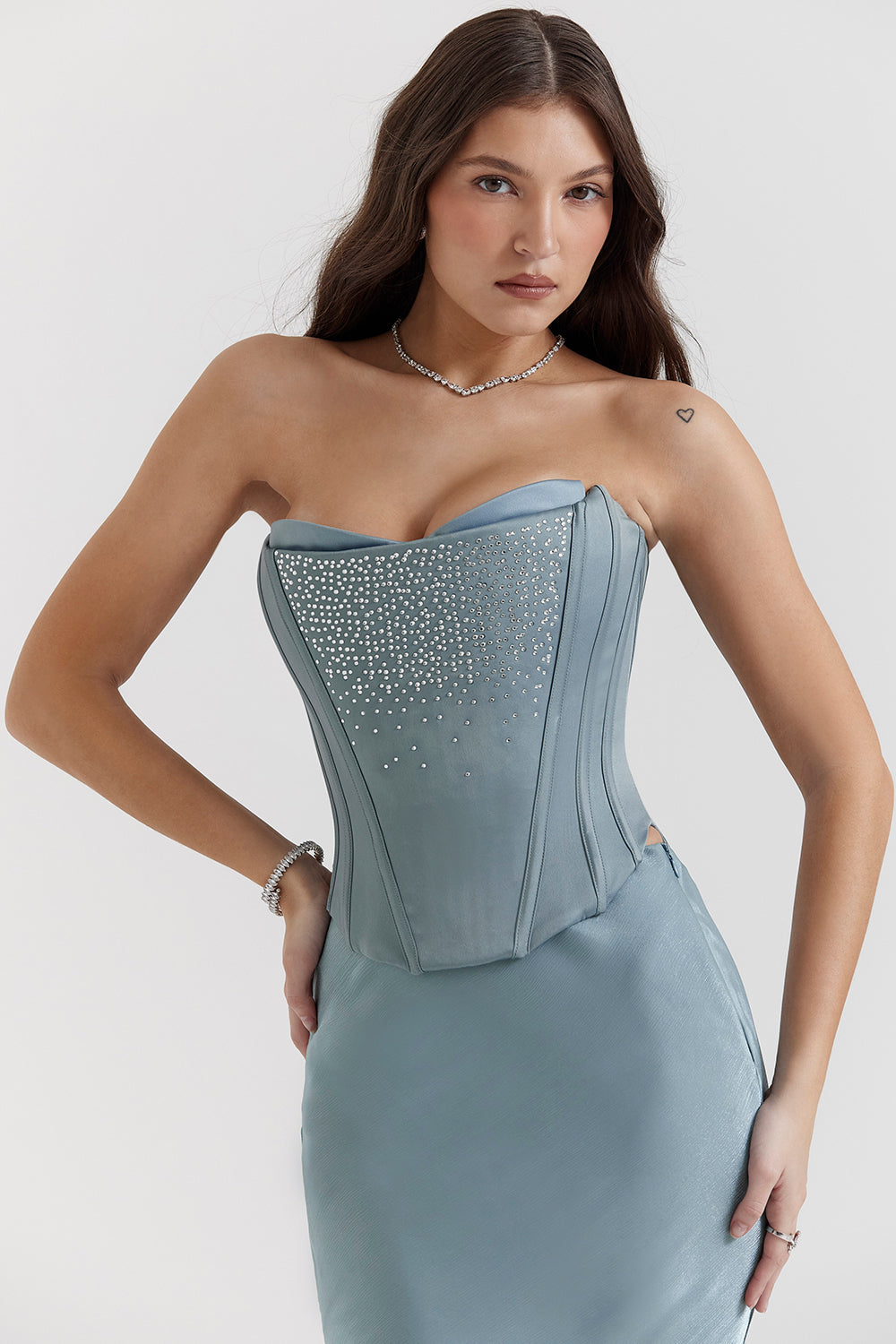 Cool blue decorated satin corset with skirt