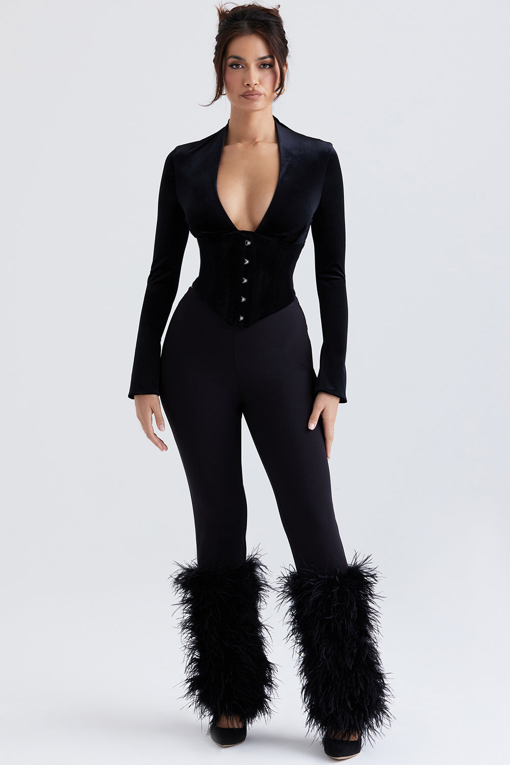 Black velvet corset with cropped pants