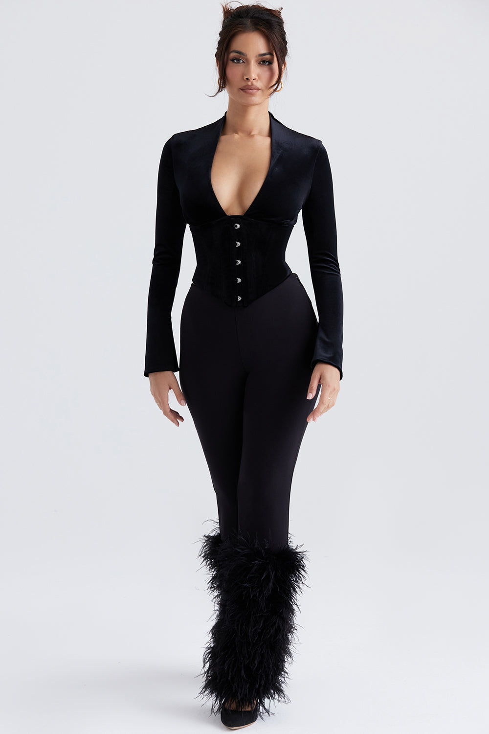 Black velvet corset with cropped pants