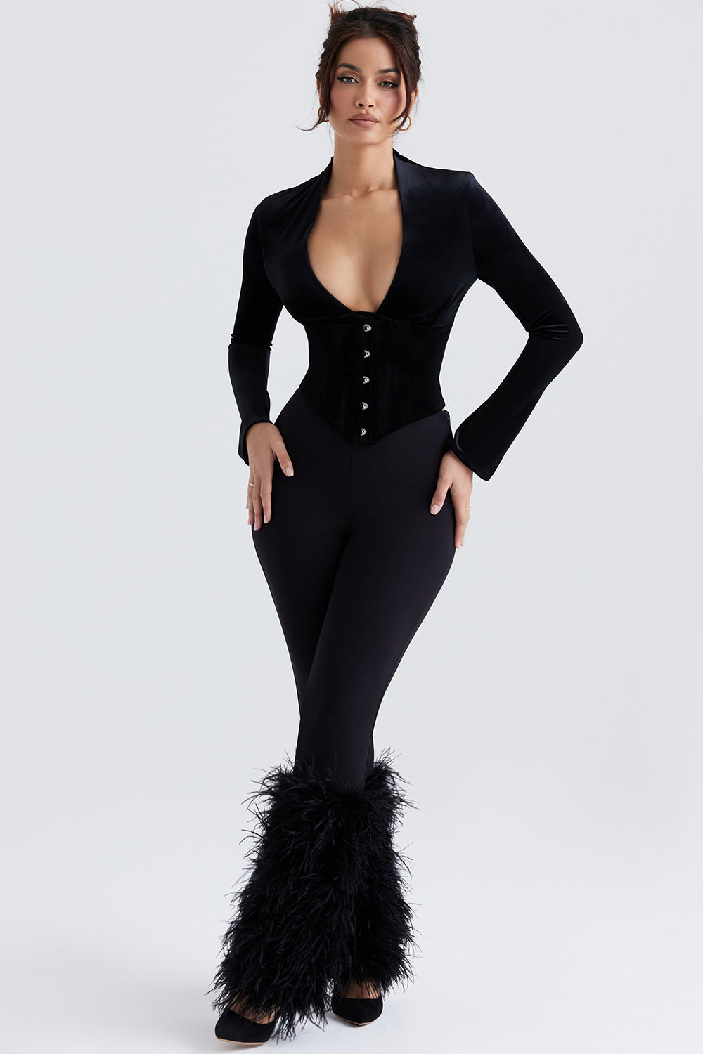 Black velvet corset with cropped pants