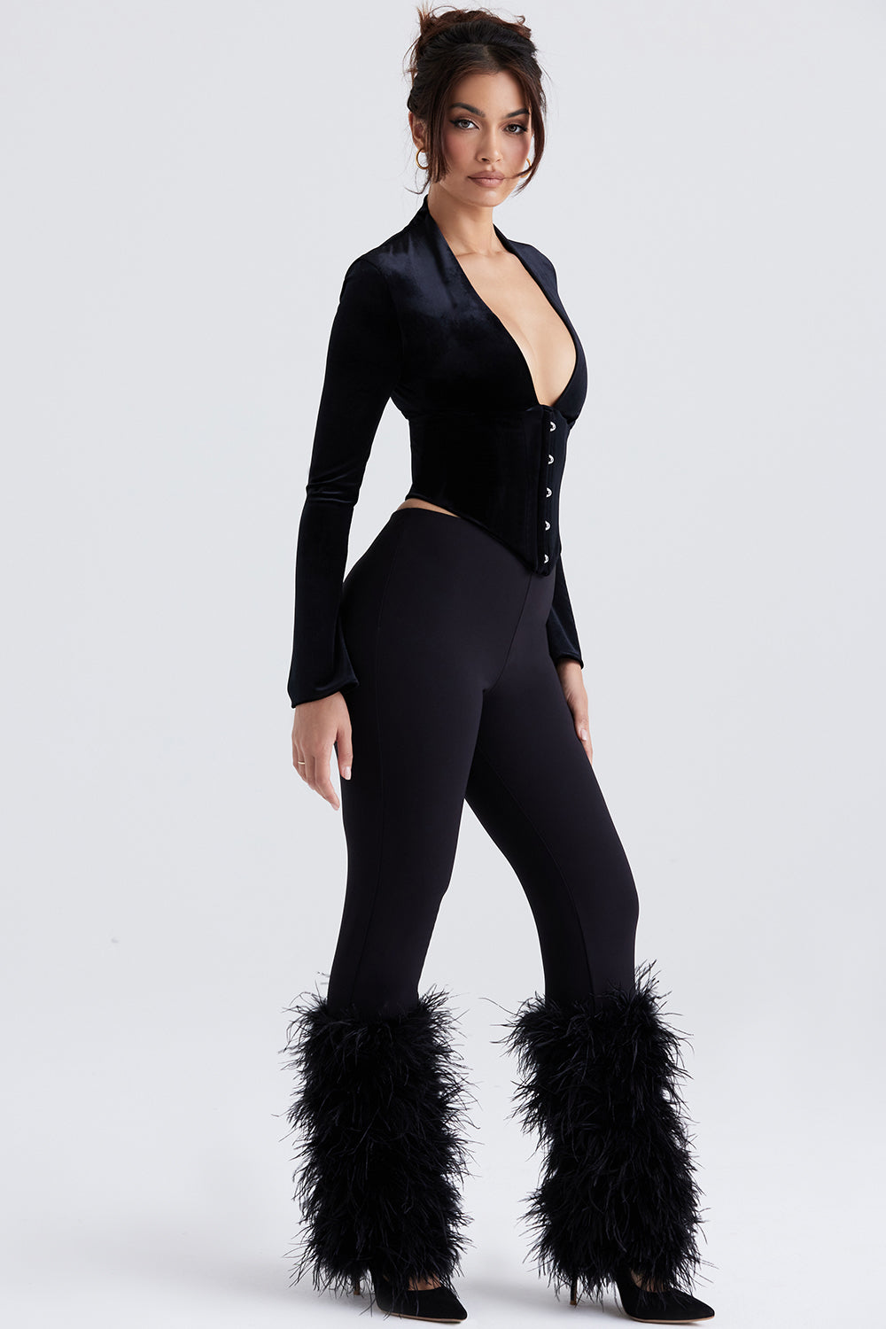 Black velvet corset with cropped pants