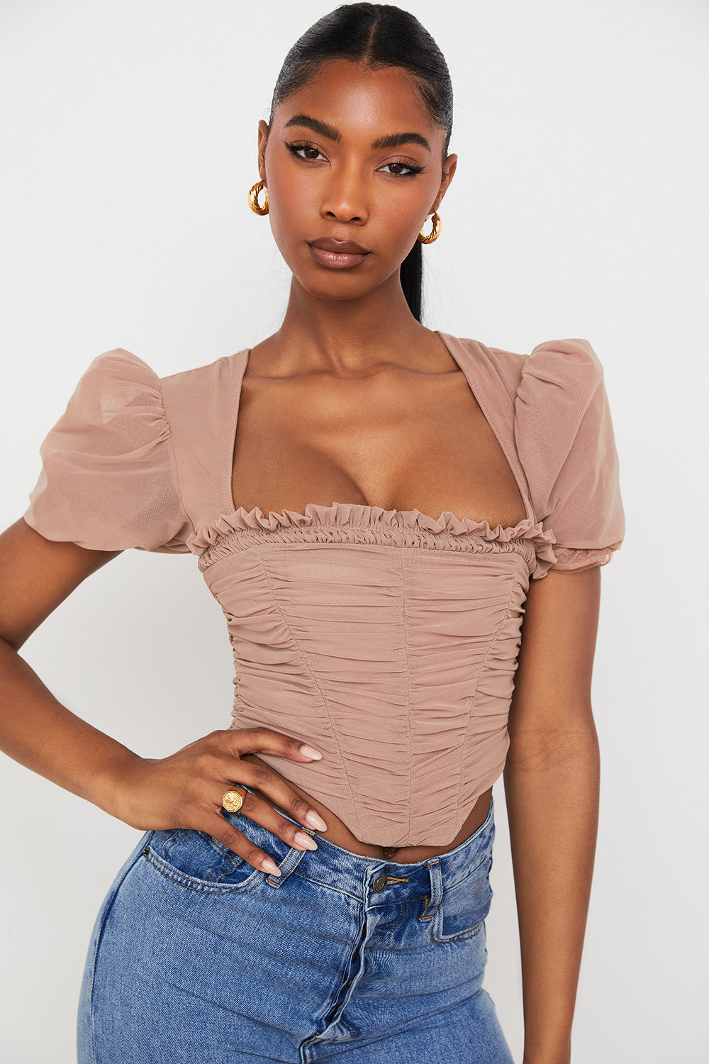 Brown mesh corset with puff sleeves and pleats