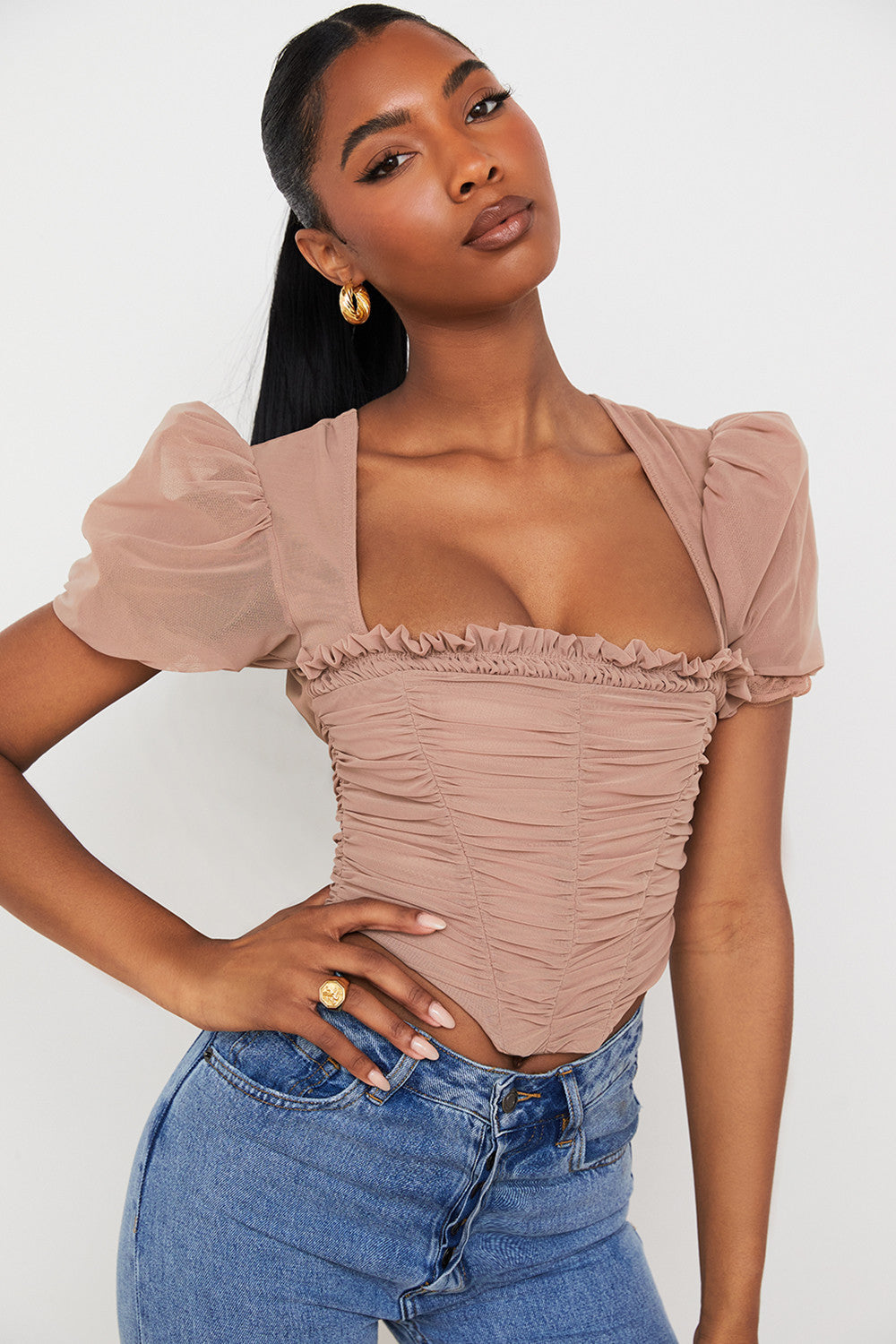 Brown mesh corset with puff sleeves and pleats