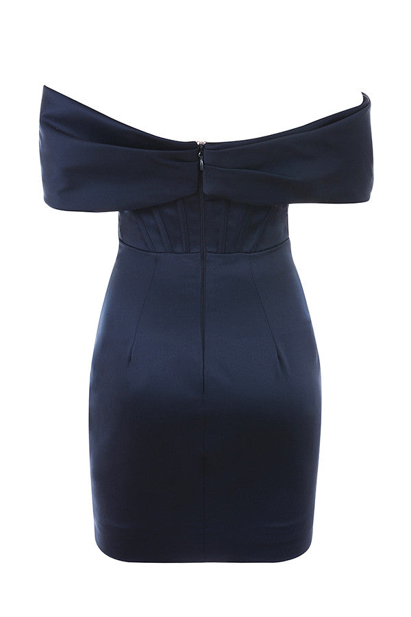 Navy blue satin draped strapless dress