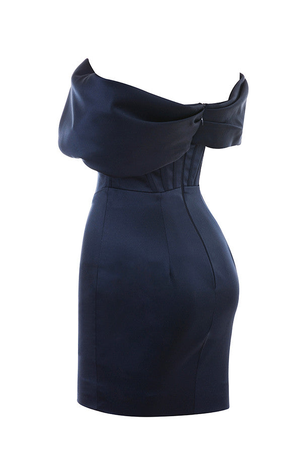 Navy blue satin draped strapless dress