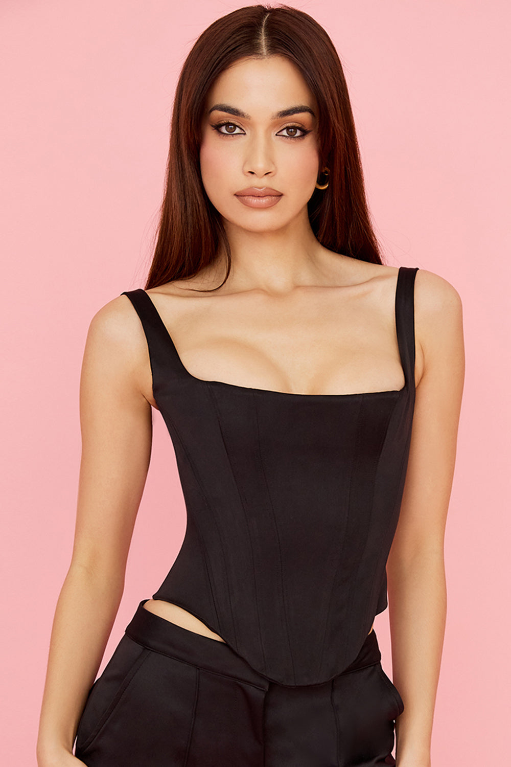 Black long satin corset with straight leg cargo pants