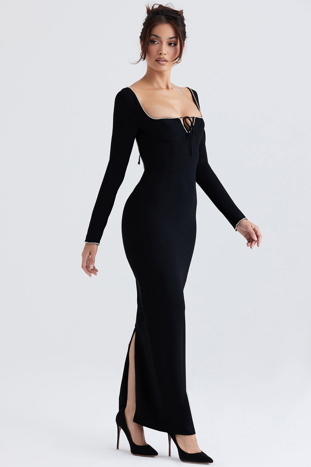 Black maxi dress decorated with crystals