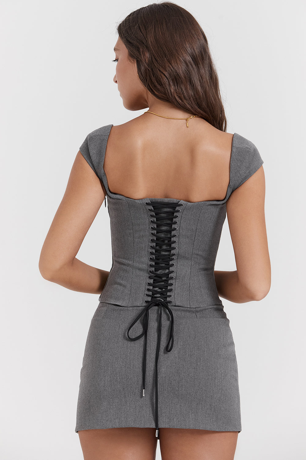 Gray corset with lace back and A-line mini skirt