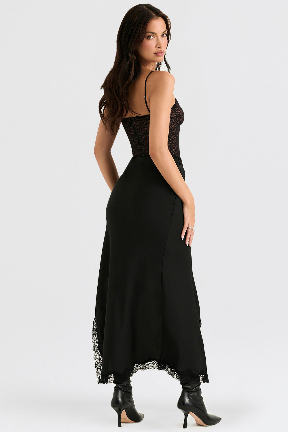 Black lace corset with satin midi skirt