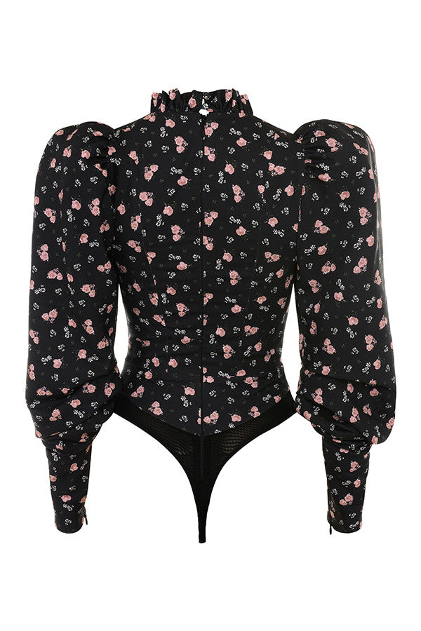 Black corset body with high neck and floral print