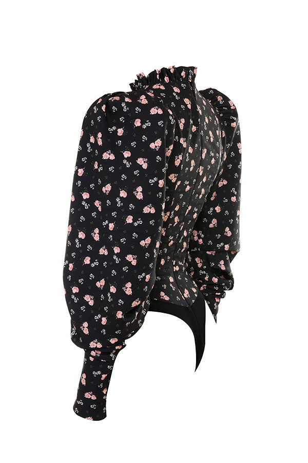 Black corset body with high neck and floral print