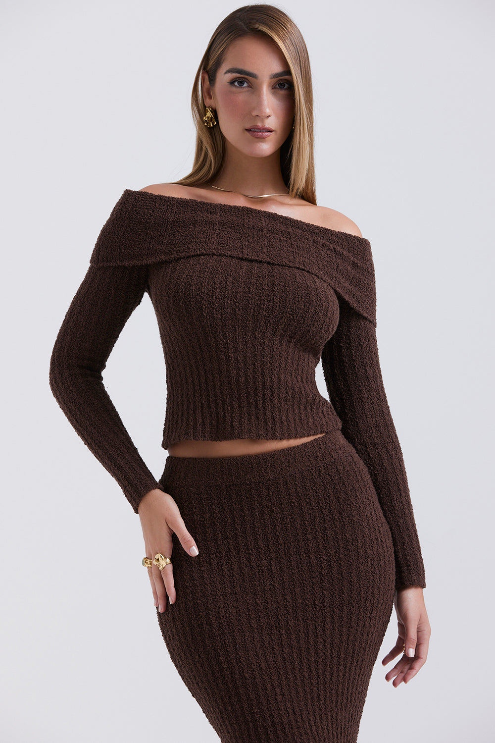 Chocolate soft bouclé knitted top with cotton maxi skirt